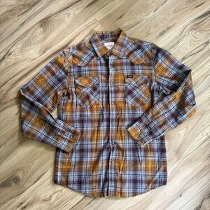 Wrangler Mens Blue Gold Brown Plaid Snap Long Sleeve Flannel Western Shirt Small